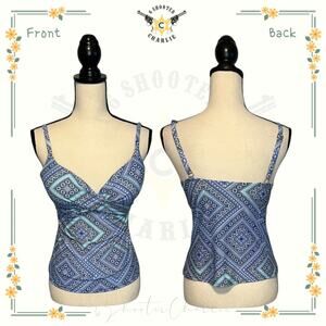 Leilani Tankini Swim Top Women Sz 6 Blue Padded Geometric Print Adjustable Strap